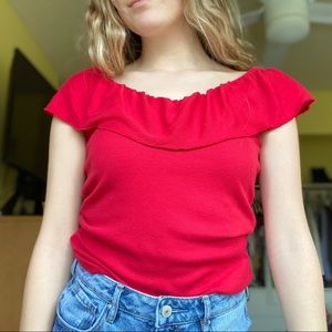 Red Off the Shoulder Short Sleeve Shirt